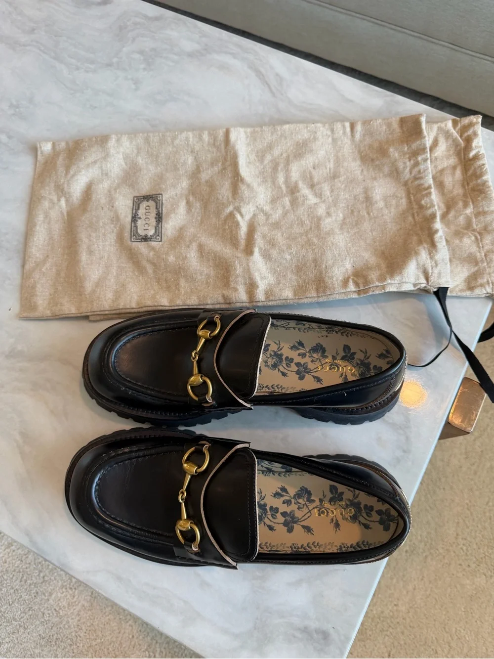 Gucci Harald Leather Lug Sole Loafers with Gold Horsebit w/ dust bags